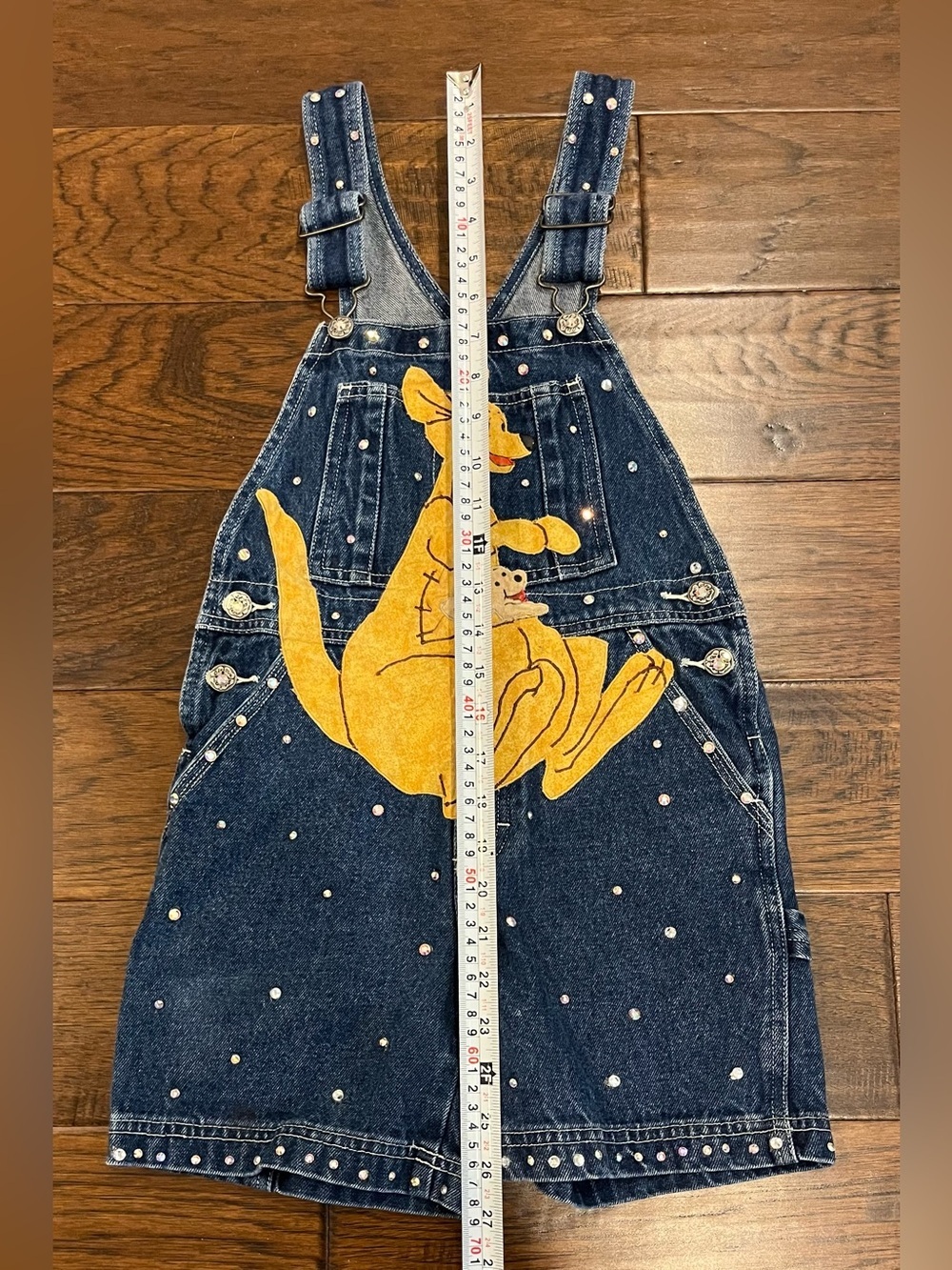 Oshkosh Girls Blue Jean Denim Overalls Kangaroo Graphic Rhinestones Size 7 CUTE - Picture 3 of 9